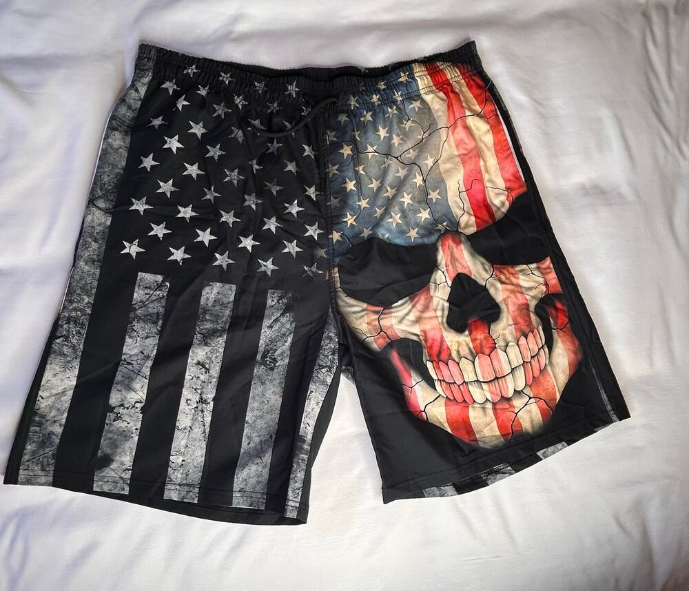 Swim Trunks Men 2XL US Flag Skull Graphic Black Red Blue Beach Water Sports
